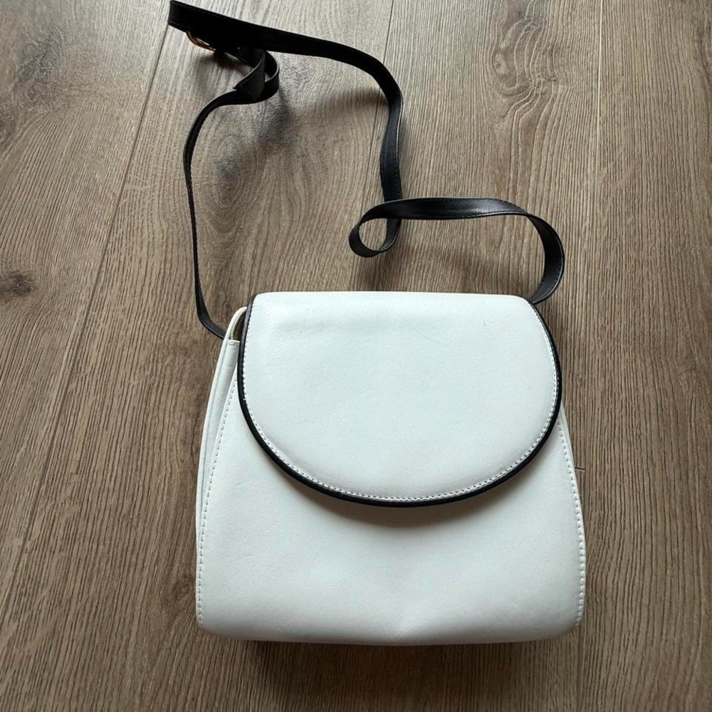 Vintage Cream Genuine Leather Crossbody Bag Black‎ Trim Shoulder Purse Korea